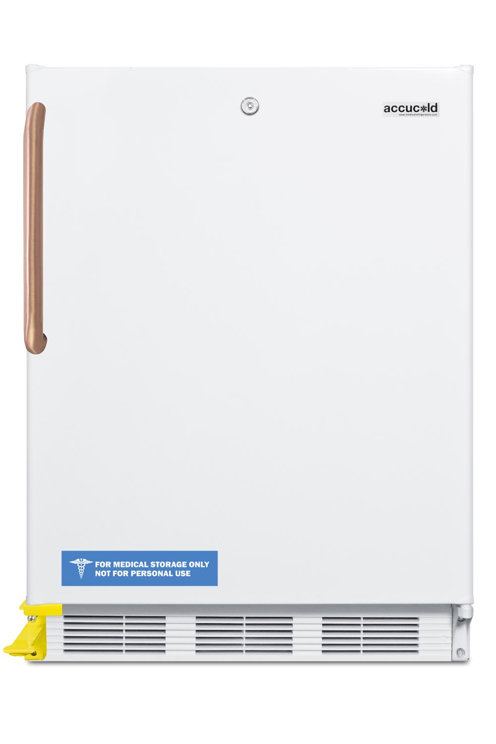 ADA compliant built-in undercounter all-refrigerator for general purpose or commercial use, with pure copper handle, step-to-open foot pedal, lock, auto defrost operation, and white exterior